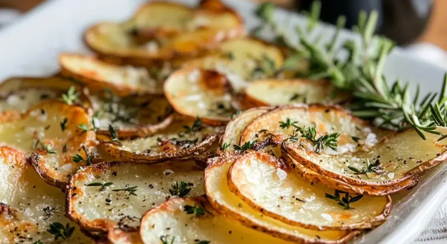 Råstekt potatis i ugn, krispiga skivor med örter och flingsalt. Perfekt tillbehör som doftar ljuvligt.