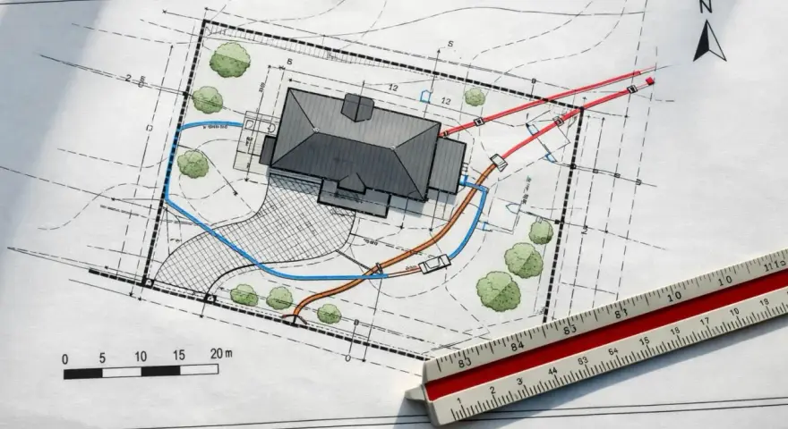 Projekt zagospodarowania terenu z domem, drzewami i zaznaczonymi instalacjami. Skala i linijka wskazują na precyzyjne planowanie.