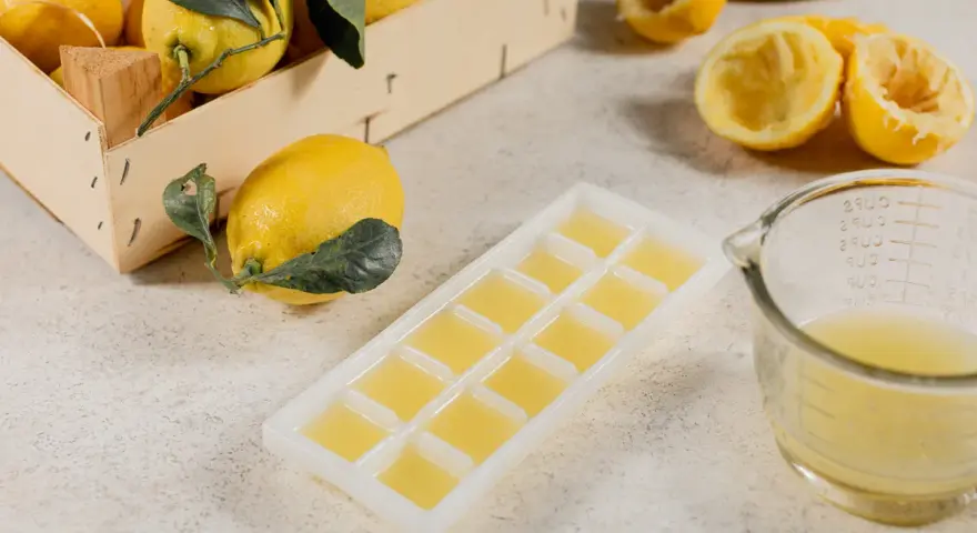 Frische Zitronen und eine Eiswürfelform gefüllt mit Zitronensaft zeigen, dass man Zitronen einfrieren kann.
