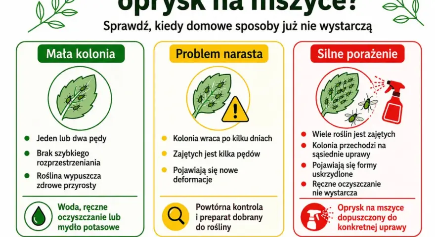Kiedy stosować oprysk na mszyce? Gdy problem narasta, pojawiają się nowe deformacje, a ręczne czyszczenie nie wystarcza. Wtedy oprysk jest dopuszczony do konkretnej uprawy.