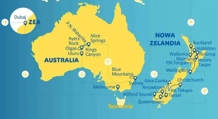 Mapa pokazuje, gdzie leży Australia, z zaznaczonymi atrakcjami jak Uluru i Sydney, oraz Nową Zelandię.