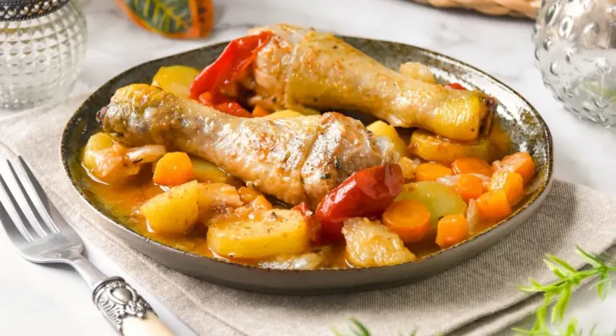Guiso de pollo con patatas, zanahorias y pimientos en salsa.