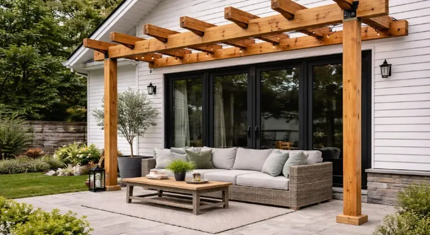 En mysig uteplats med en vacker träpergola med tak, soffgrupp och kaffebord. Perfekt för att bygga pergola med tak och njuta av sommaren.