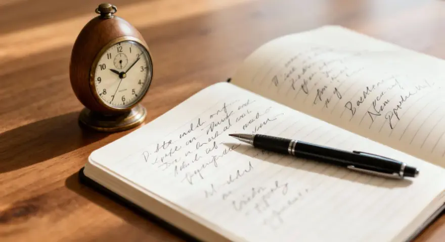 Reloj de mesa y cuaderno abierto con bolígrafo, ideal para ejercicios de escritura para adultos.