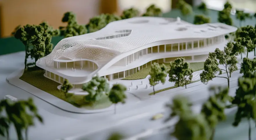 A 3D printed architectural model showcases a futuristic building with a flowing roof, demonstrating how to use 3d printing in architecture for complex designs.