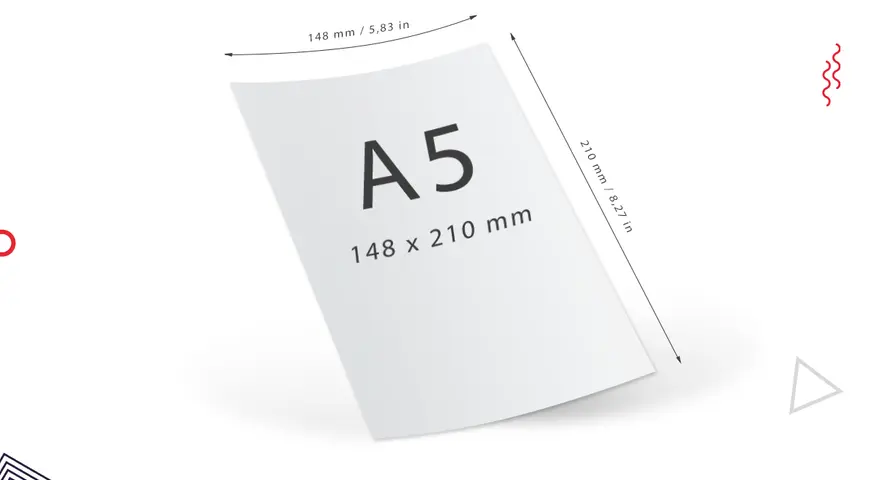 Karta papieru z napisem A5 i wymiarami 148 x 210 mm. Idealna do każdego projektu.