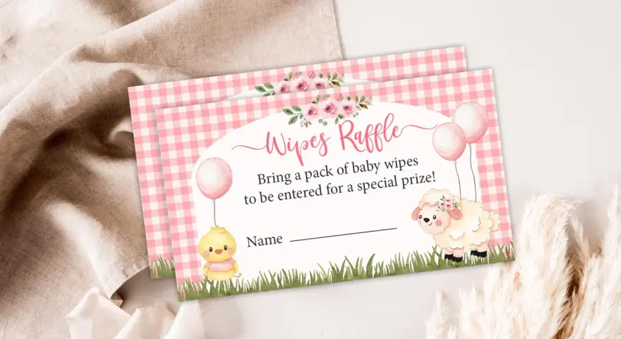 En inbjudan till "Wipes Raffle" med en söt kyckling och ett får. Ta med ett paket baby servetter för att delta i utlottningen.