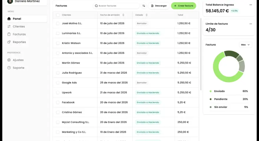 Interfaz de una app para hacer facturas gratis. Muestra una lista de facturas con clientes, fechas y estados.