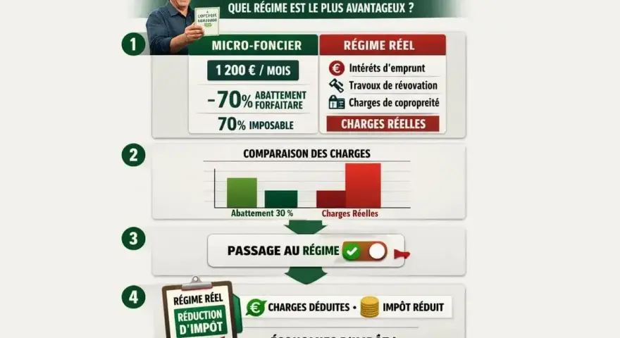 Infographie comparant le micro-foncier et le régime réel pour un exemple de revenu foncier. Elle montre les avantages du régime réel pour réduire l'impôt.
