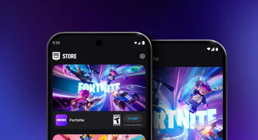 Dos teléfonos muestran la Epic Games Store con Fortnite. Descubre trucos para Fortnite y domina el juego.