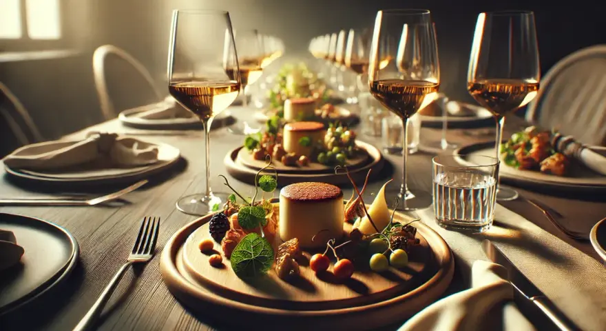 Ett elegant dukat bord med glas fyllda med gyllene vin, redo för en utsökt måltid. Små desserter med bär och frukt väntar.