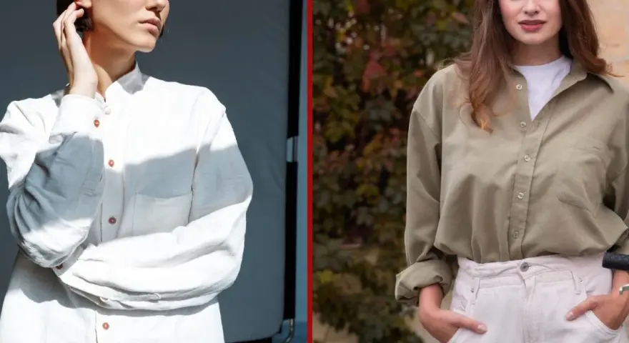 Dwie kobiety prezentują, jak nosić koszule oversize: jedna w białej, druga w oliwkowej. Luźny krój dodaje stylu.