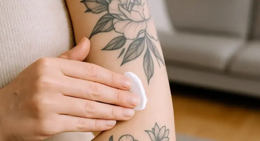 Delikatna pielęgnacja tatuażu. Dłoń nakłada biały, nawilżający masc do tatuazu na rękę ozdobioną kwiatowymi wzorami.