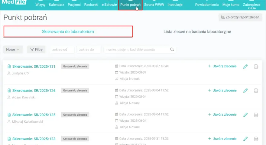 Ekran "Punkt pobrań" w systemie MedFile. Widoczne skierowania do laboratorium, lista zleceń badań, filtry i opcje zarządzania.