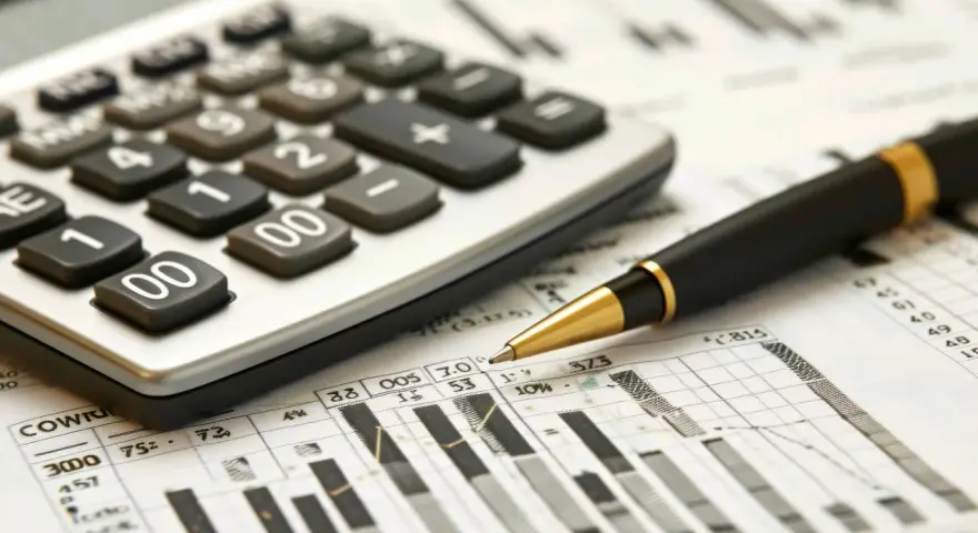 Calculatrice et stylo sur un graphique, outils pour analyser un report deficit foncier.
