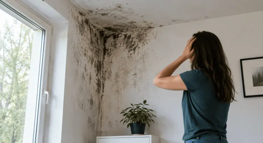 Frau verzweifelt wegen Schimmel an der Wand. Sie muss den **Schimmel Vermieter melden**, um eine Lösung zu finden.