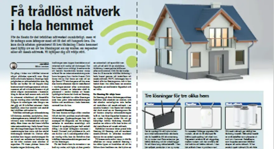 En bild på ett hus med en wifi-symbol och texten "Få trådlöst nätverk i hela hemmet". Nedanför visas en test router och andra nätverkslösningar.