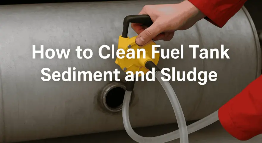 A hand in a red sleeve uses a yellow pump to begin fuel tank cleaning, removing sediment and sludge.