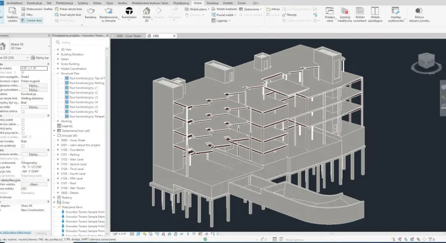 Widok 3D budynku w programie Revit. Widoczna konstrukcja pięter, słupy i fundamenty. W panelu po lewej stronie widać opcje widoku i przeglądarkę projektu.