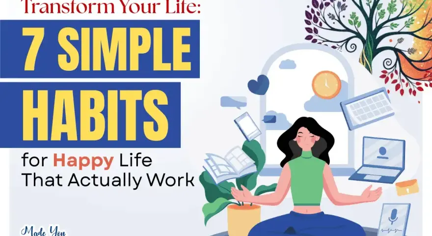 A woman meditates, surrounded by floating devices, as a colorful tree grows above. Learn 7 simple habits for a happy life and make today a good day.