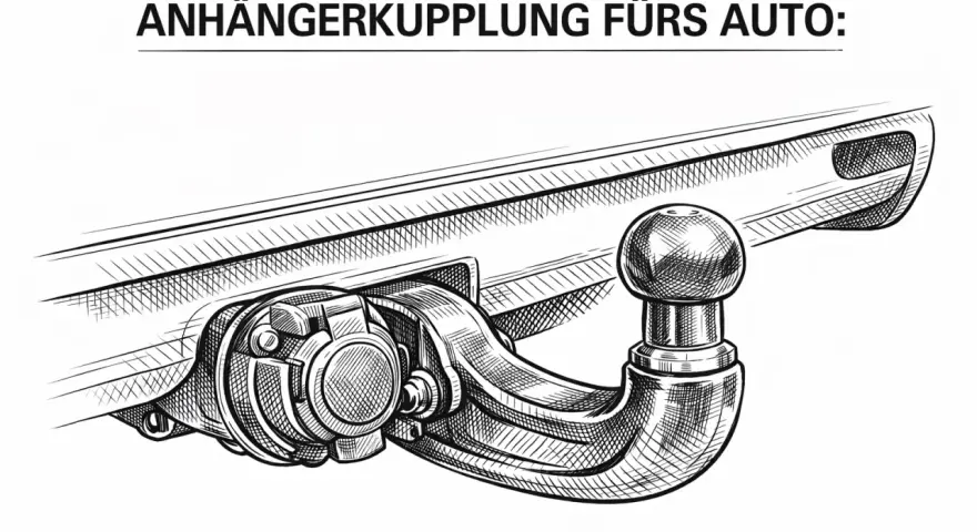 Eine Anhängerkupplung (AHK) am Auto: Dieses Bild zeigt eine detaillierte Zeichnung einer abnehmbaren Anhängerkupplung, bereit zum Ankuppeln eines Anhängers.