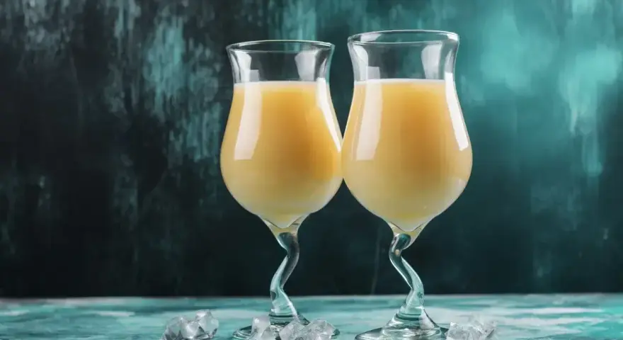 Dwa kieliszki z kremowym drinkiem z likieru bananowego, ozdobione kostkami lodu na turkusowym blacie.