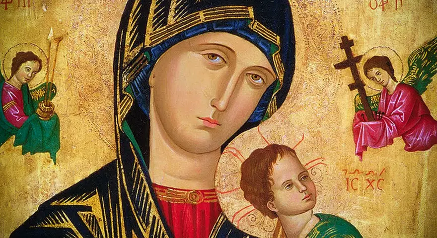 Ikona Matki Bożej Nieustającej Pomocy z aniołami. Wzrok Maryi pełen troski, Dzieciątko Jezus spogląda w górę.