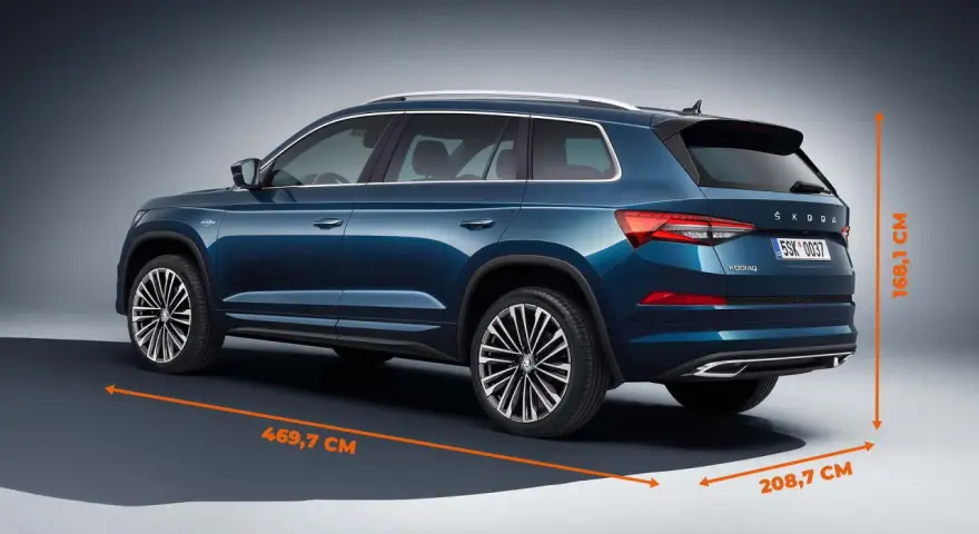 Skoda Kodiaq wymiary: długość 469,7 cm, szerokość 208,7 cm, wysokość 168,1 cm. Duży SUV dla rodziny.