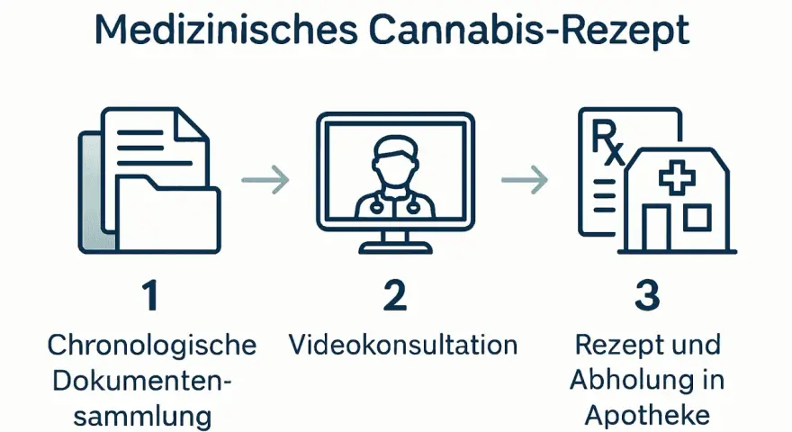 Schritt-für-Schritt-Anleitung für ein medizinisches Cannabis-Rezept: Dokumente, Videokonsultation, Rezept & Apotheke.