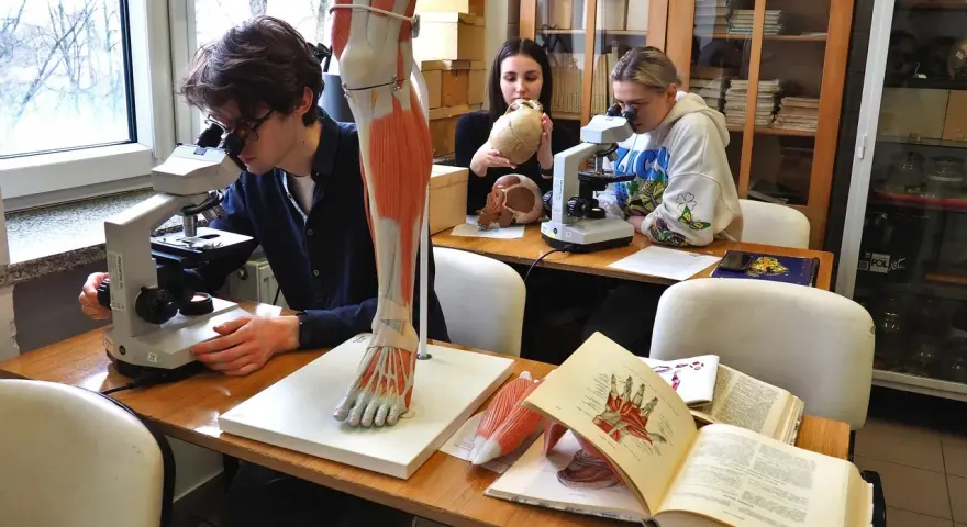 Studenci biologii medycznej zgłębiają tajniki anatomii przy mikroskopach i modelach.
