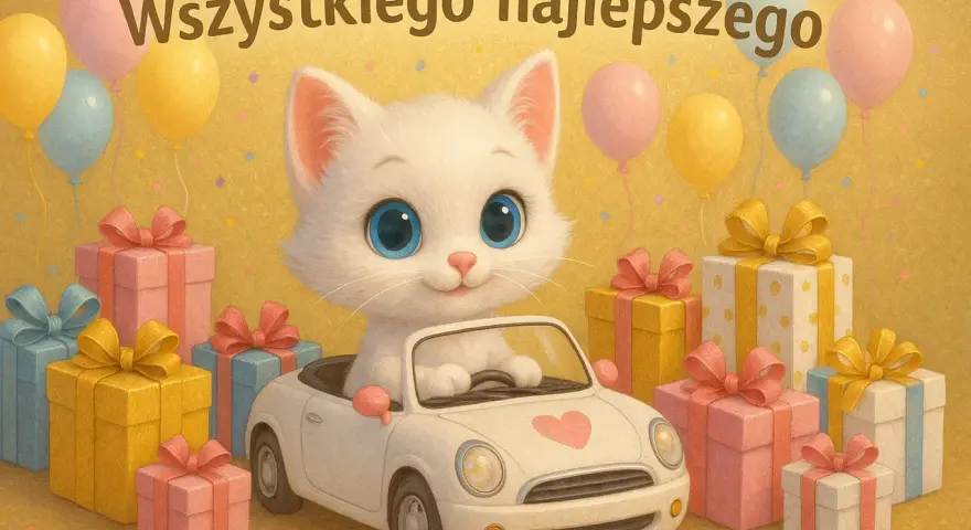 Uroczy biały kotek w kabrioletcie, otoczony prezentami i balonami, z napisem "Wszystkiego najlepszego". Idealne życzenia urodzinowe dla dziewczynki!