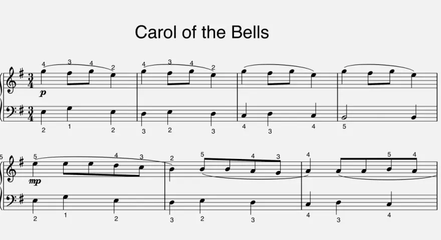Fragment nut "Carol of the Bells" Mykoły Leontowycza. Słowa tej kolędy brzmią jak dzwonki.