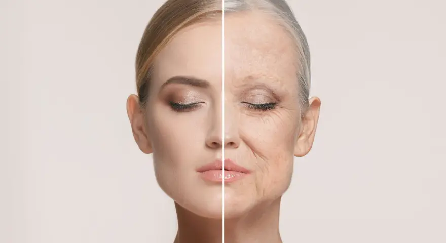 Gesichtshälfte einer jungen Frau neben einer älteren Frau, die zeigt, was bedeutet anti aging.