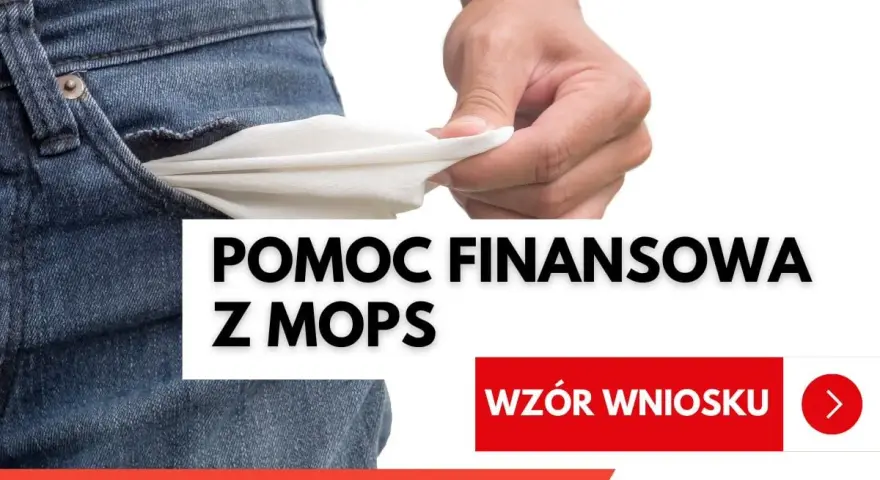 Dłoń wyciąga pustą kieszeń dżinsów. Napis "Pomoc finansowa z MOPS".