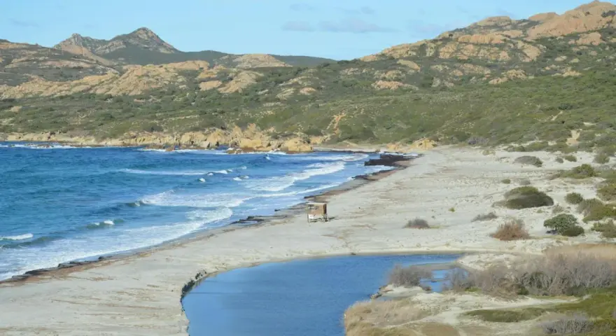 Piękna plaża na Korsyce, idealne miejsce do zobaczenia. Woda, piasek i góry tworzą malowniczy krajobraz.