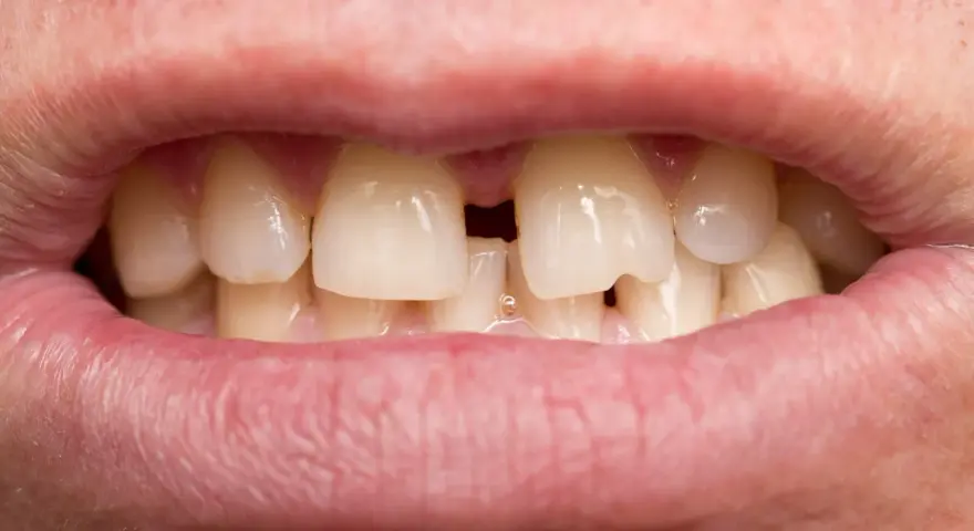 Usta z widocznymi zębami, między którymi jest duża diastema.