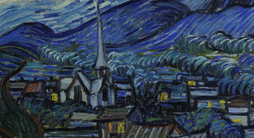 Le tableau La Nuit Étoilée de Van Gogh, une vue nocturne d'un village sous un ciel tourbillonnant de bleu et de jaune.