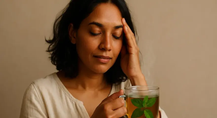 Donna con mal di testa che beve una tisana alla menta, uno dei rimedi naturali per il mal di testa.