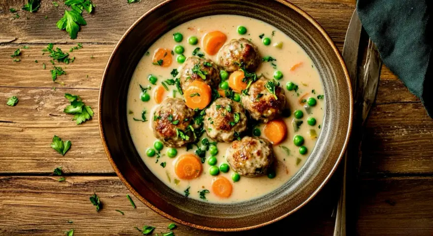 Herzhaftes Gericht mit Fleischbällchen, Erbsen und Karotten in cremiger Soße. Ein köstliches Wikingertopf Rezept für kalte Tage.