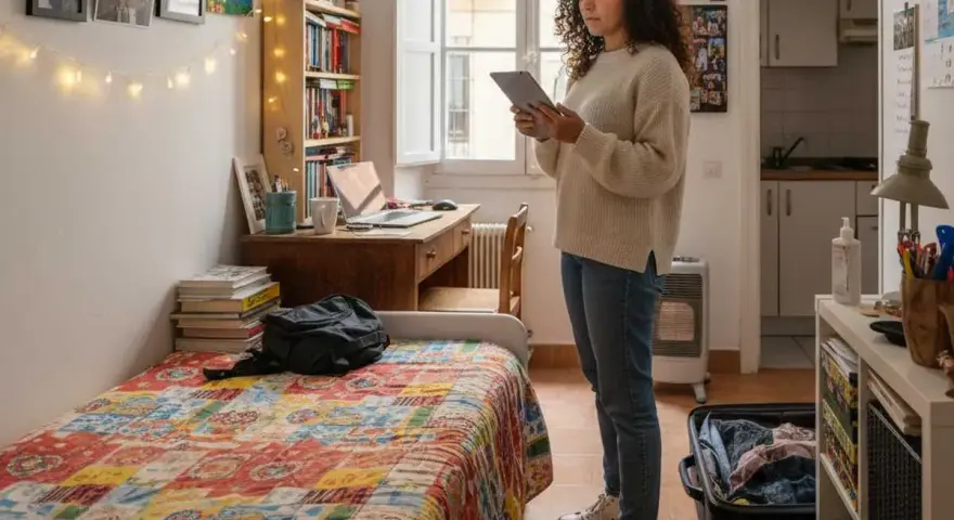 Joven revisa en su tablet qué necesito para empadronarme en un piso de alquiler. Habitación con cama, escritorio y estanterías.