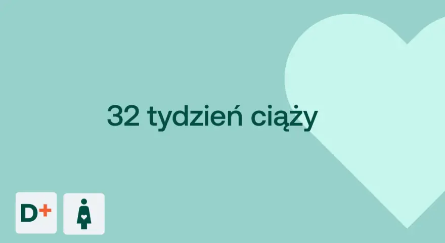 32 tydzień ciąży. Delikatne tło z sercem i ikonami D+ oraz kobiety w ciąży.