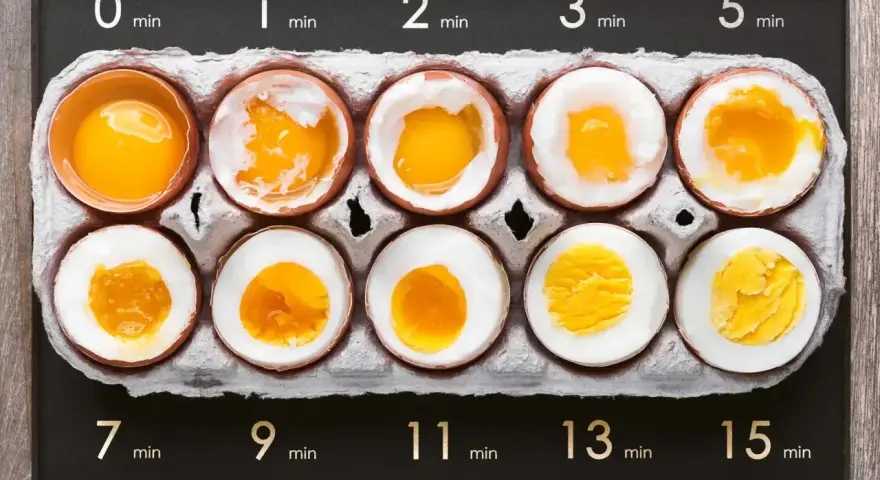 Jak długo gotować jajka na twardo? Zobacz, jak zmienia się konsystencja żółtka od 0 do 15 minut.
