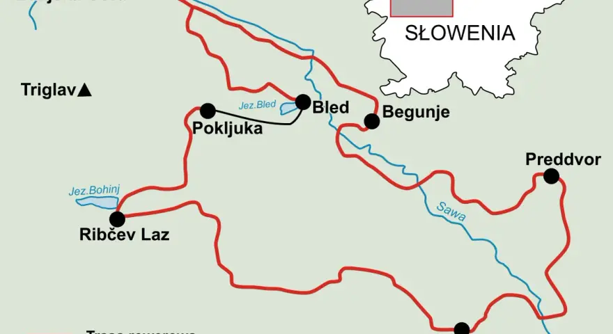 Mapa Słowenii z zaznaczonymi trasami rowerowymi wokół Jeziora Bohinj, Bled, Kranjskiej Gory i innych malowniczych miejsc.