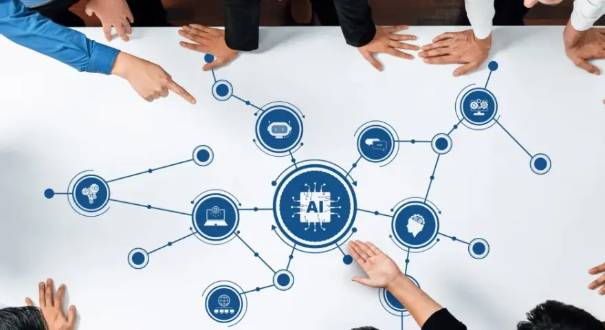 A diverse group of people gather around a table, their hands pointing to an AI diagram. This ai board of directors is strategizing the future of artificial intelligence.