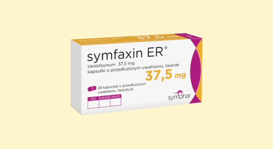 Opakowanie leku Symfaxin ER 37,5 mg, zawierające kapsułki o przedłużonym uwalnianiu. Jest to lek z grupy SNRI.
