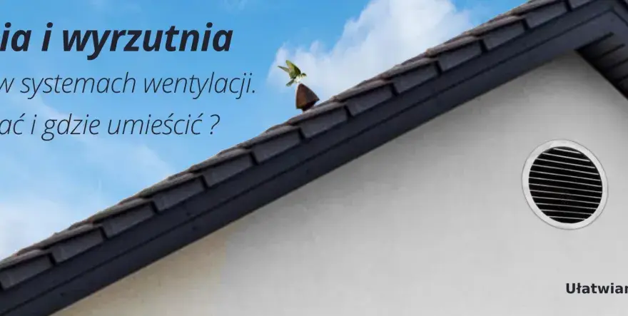 Czerpnia i wyrzutnia powietrza na dachu domu. Ptak siedzi na kominku wentylacyjnym.