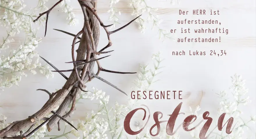 Dornenkrone mit weißen Blüten und Ostergruß.