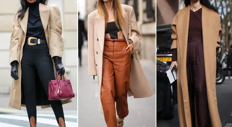 Tre donne mostrano come abbinare il color cammello con outfit eleganti: nero, cuoio e marrone scuro.