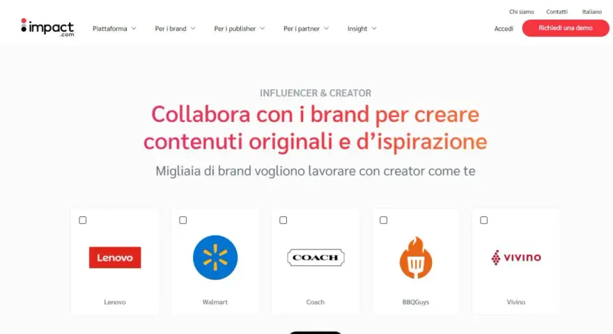 Piattaforma di marketing di affiliazione che connette creator e brand. Logo Impact.com e loghi di brand come Lenovo, Walmart, Coach, BBQGuys, Vivino.