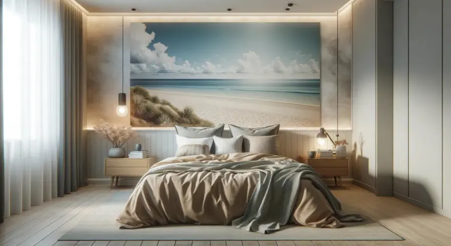 Traumhafte schlafzimmer ideen: Ein Strandmotiv an der Wand bringt Urlaubsfeeling. Gemütliches Bett mit beiger Decke und grauen Kissen.